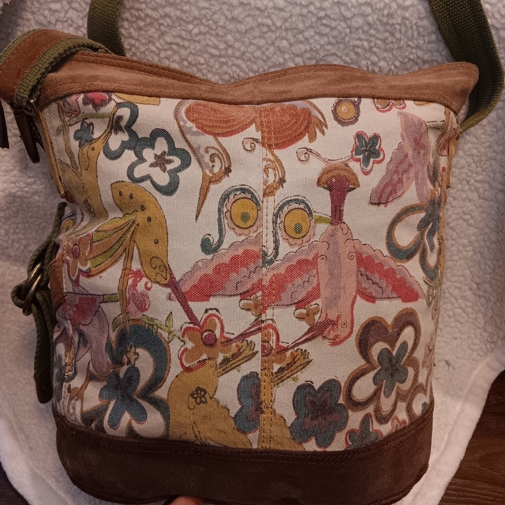 Vintage 90s  Lucky Brand Bucket Shoulder Bag Crossbody Canvas Suede Large Cute - Picture 3 of 9
